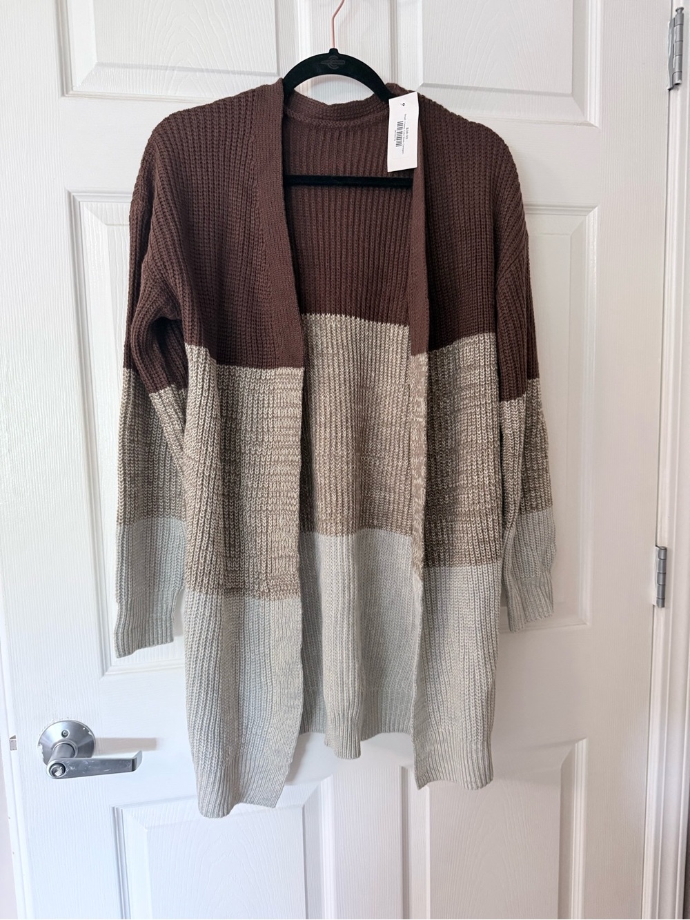 Colorblock Open-Front Cardigan Sweater - Brown & Cream